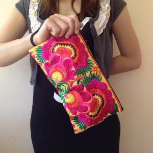 Colorful Pink Cotton Embroidered Purse On Yellow..