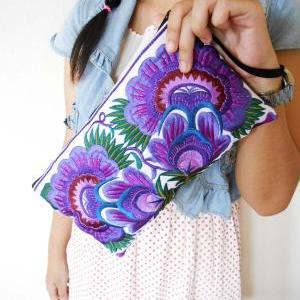Colorful Purple Cotton Embroidered Purse On White..