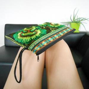 Green Embroidery Clutch Wristlet Bag Black Fabric..