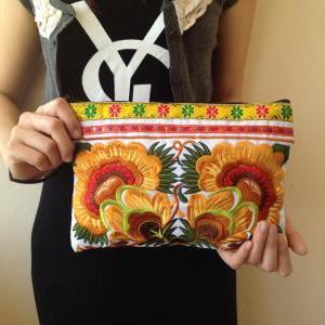 Gold Embroidery Clutch Wristlet Bag White Fabric..