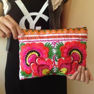 Pink Embroidery Clutch Wristlet Bag White Fabric..