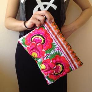 Pink Embroidery Clutch Wristlet Bag White Fabric..