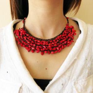 Knitting Necklace Red Coral With Wax Thread, Boho..