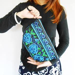 Blue Half Moon Clutch Bag, Handmade Embroidered W/..
