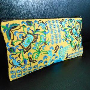 Blue Flamingo Embroidered Clutch Bag, W/ Yellow..