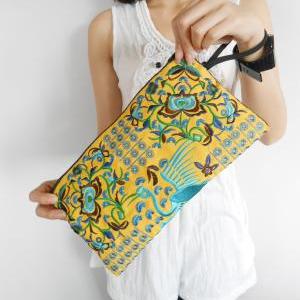 Blue Flamingo Embroidered Clutch Bag, W/ Yellow..