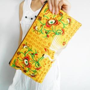 Yellow Flamingo Embroidered Clutch Bag, W/ Yellow..