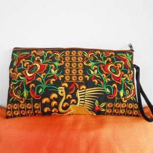 Yellow Flamingo Embroidered Clutch Bag, W/ Black..