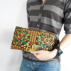 Yellow Flamingo Embroidered Clutch Bag, W/ Black..
