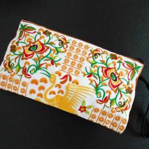 Yellow Flamingo Embroidered Clutch Bag, W/ White..