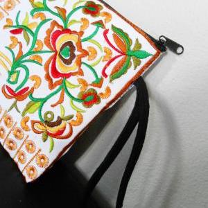 Yellow Flamingo Embroidered Clutch Bag, W/ White..