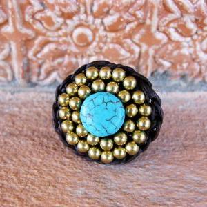 Circle Turquoise And Brass Beads - Adjustable..