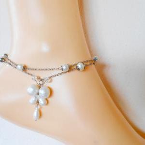 White Freshwater Pearl Chain Anklet With Dangle..