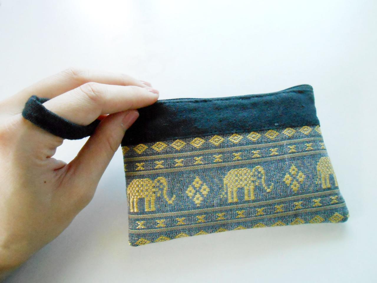 Zipper Coin Pouch Change Purse - Elephant - Small Bag, Embroidery Fabric Thailand Handmade (kp1005-gy)
