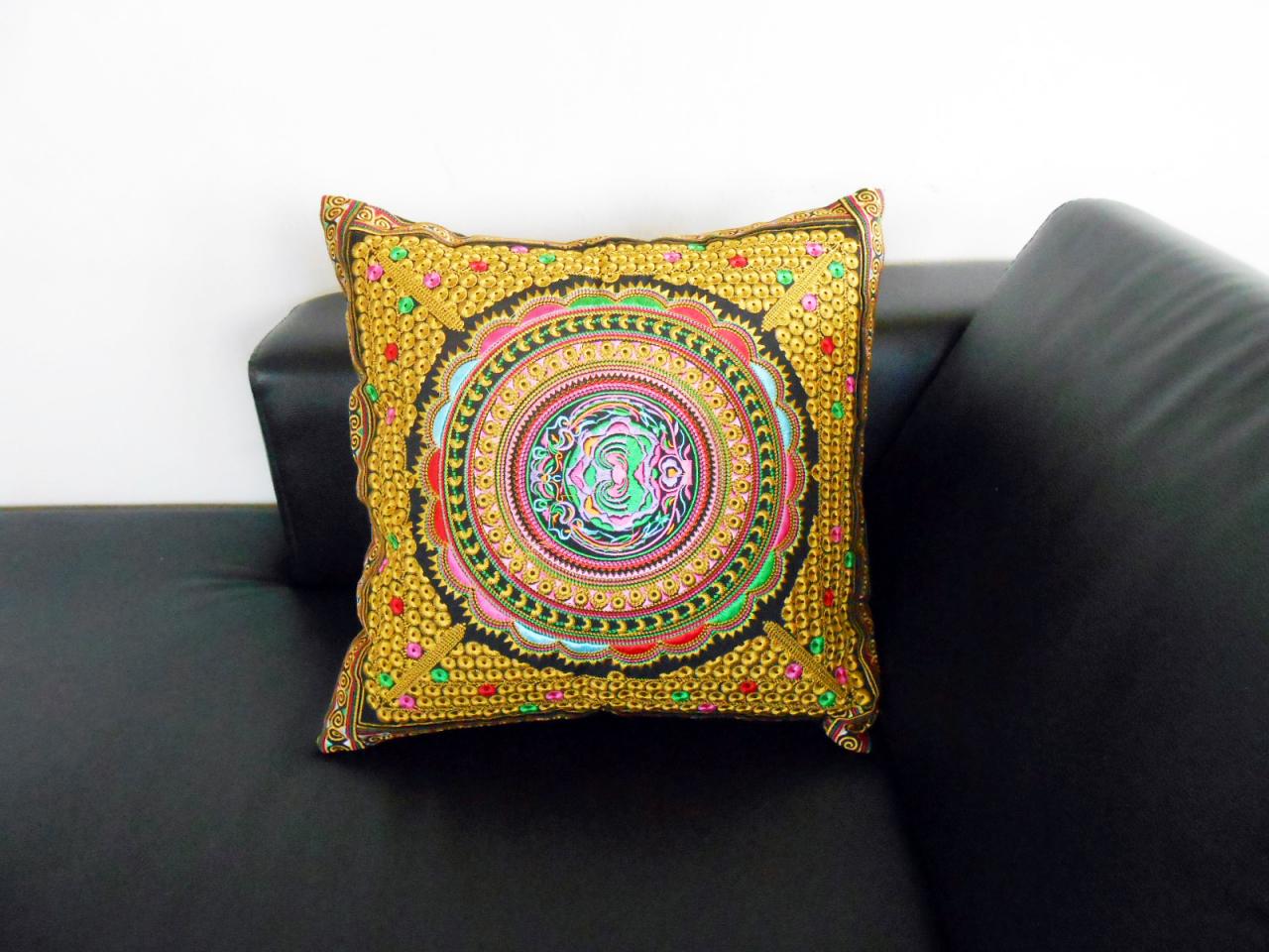 1 Pillow Cushion Handmade Exquisite Embroidered, Golden Pillow Cover, Pillowcase. (pl1003)