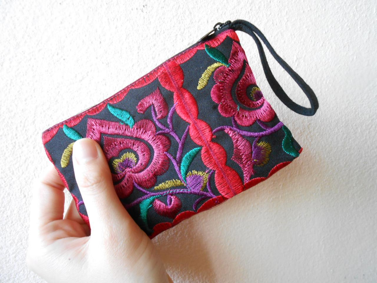 Red Black Cotton Flower Colorful Purse Embroidery Chinese Hmong Hilltribe Thailand. (kp1051-rebk)