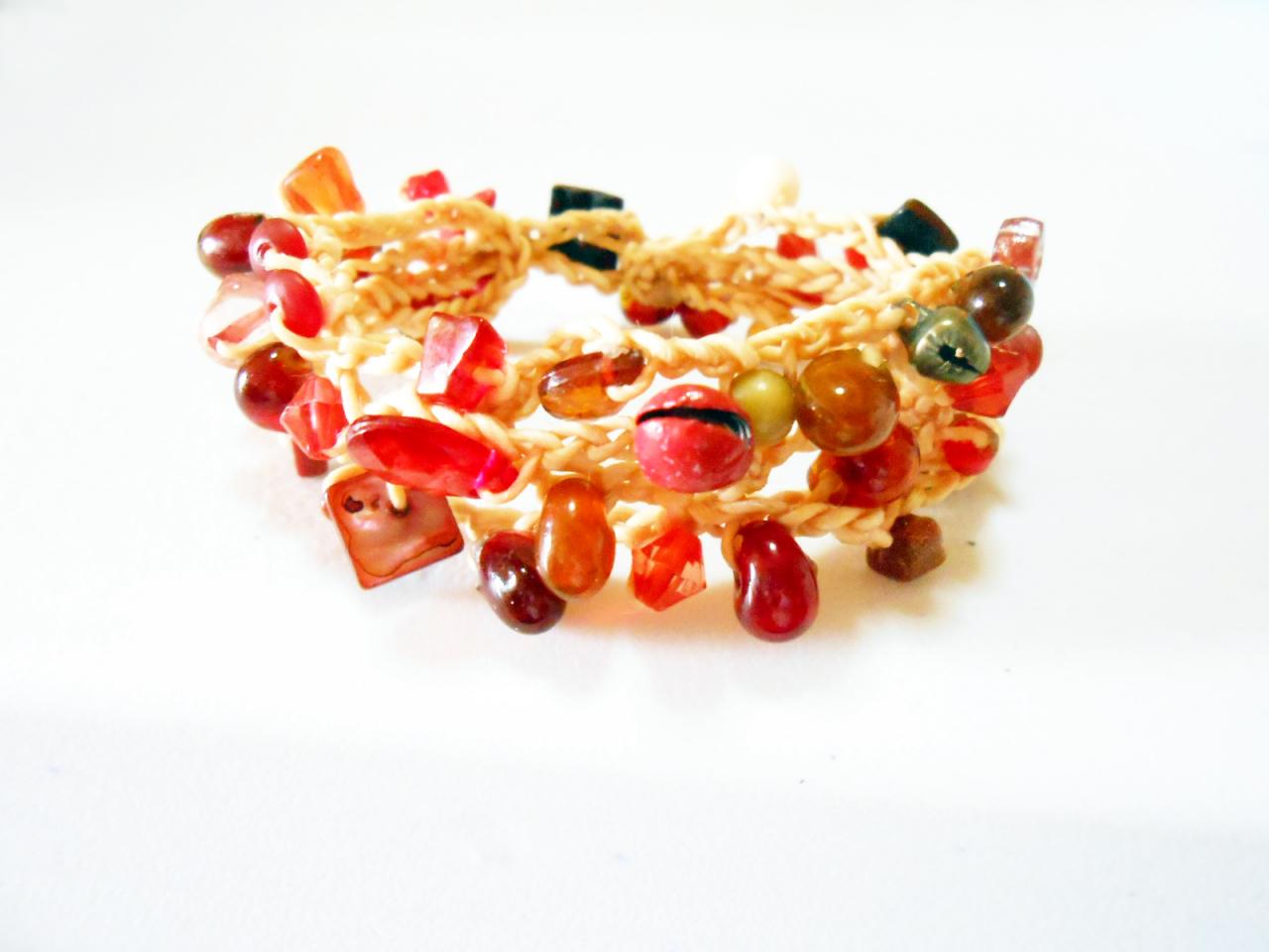 Red Bubble Beaded Bracelet, Natural Wax String Bracelet Jewelry Thailand Handmade. (jb1009-re)
