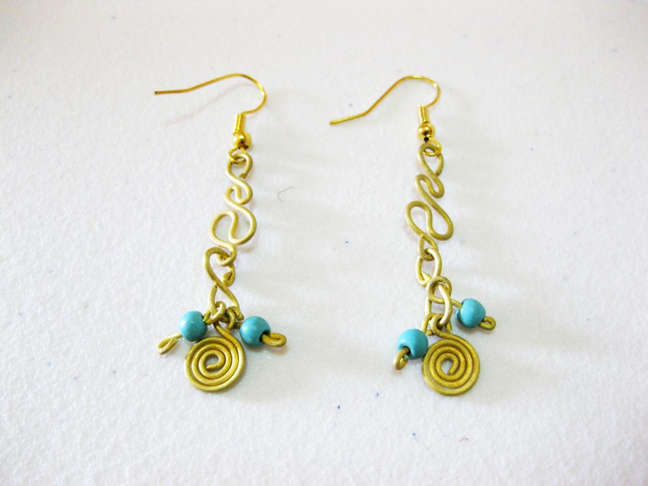 Swirl Brass Earrings, Brass Dangle Earrings With Beaded Stone, Fashion Designs, Thailand Handmade Jewelry. (je1013-tu)