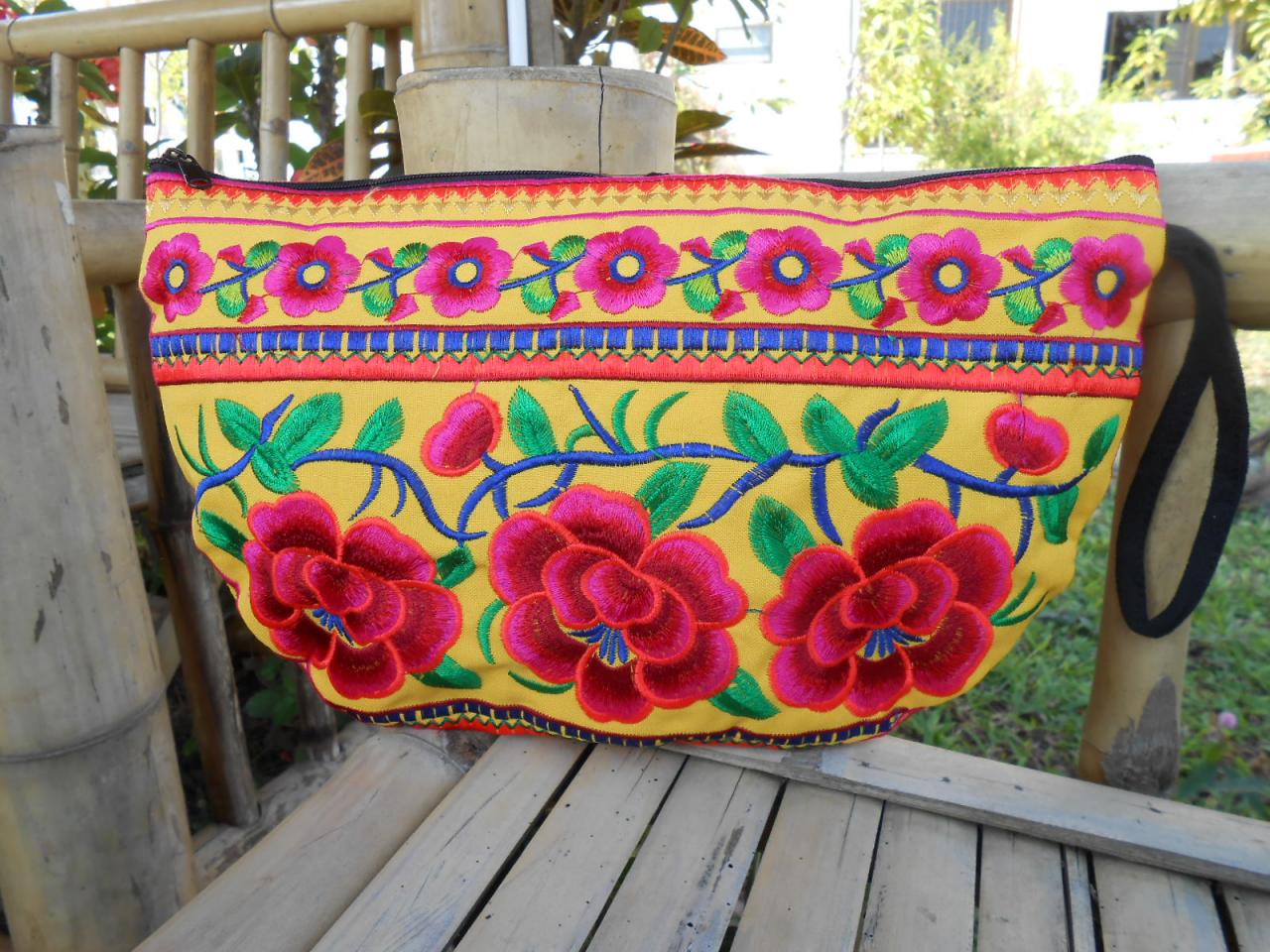 Pink Half Moon Clutch Bag, Handmade Embroidered W/ Yellow Fabric Chinese Hmong Hilltribe In Thailand. (kp1054-piye)
