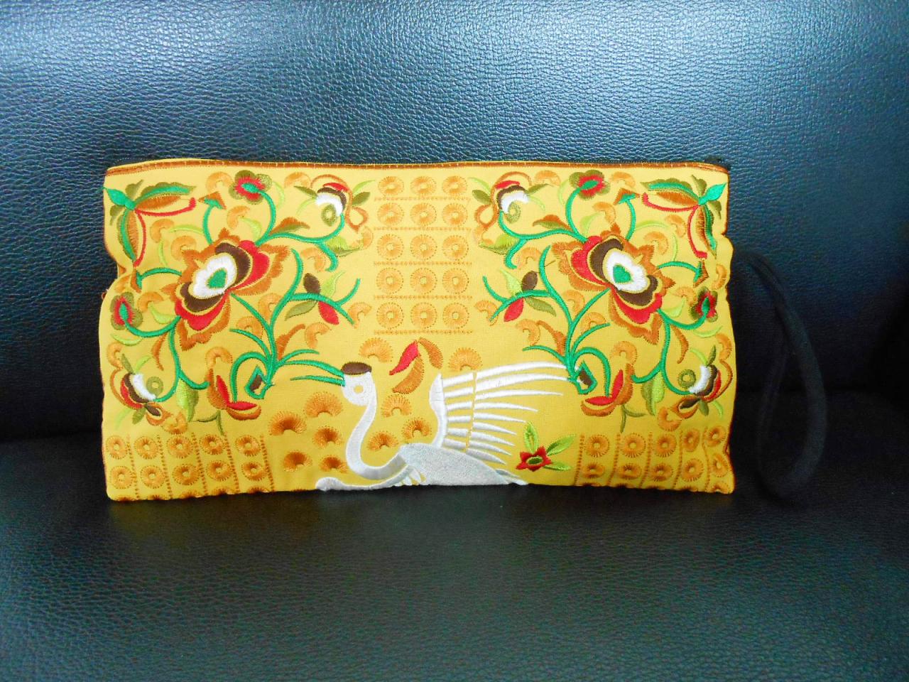 Yellow Flamingo Embroidered Clutch Bag, W/ Yellow Fabric Chinese Hmong Hilltribe Handmade In Thailand. (kp1056-goye)