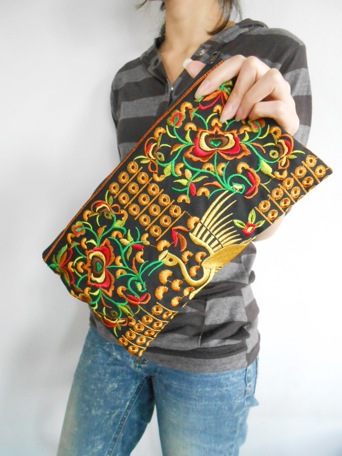 Yellow Flamingo Embroidered Clutch Bag, W/ Black Fabric Chinese Hmong Hilltribe Handmade In Thailand. (kp1056-gobk)