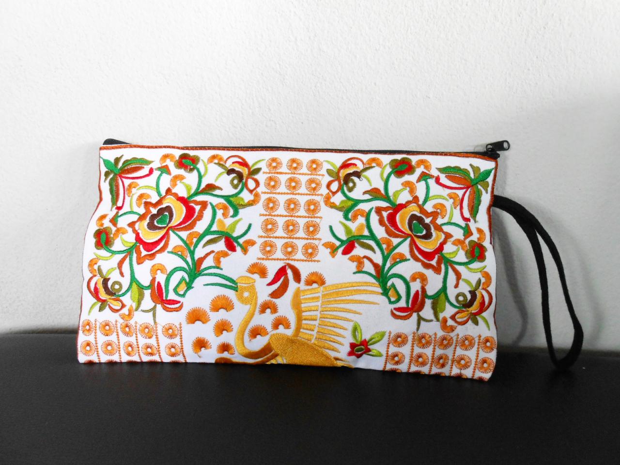Yellow Flamingo Embroidered Clutch Bag, W/ White Fabric Chinese Hmong Hilltribe Handmade In Thailand. (kp1056-gowh)