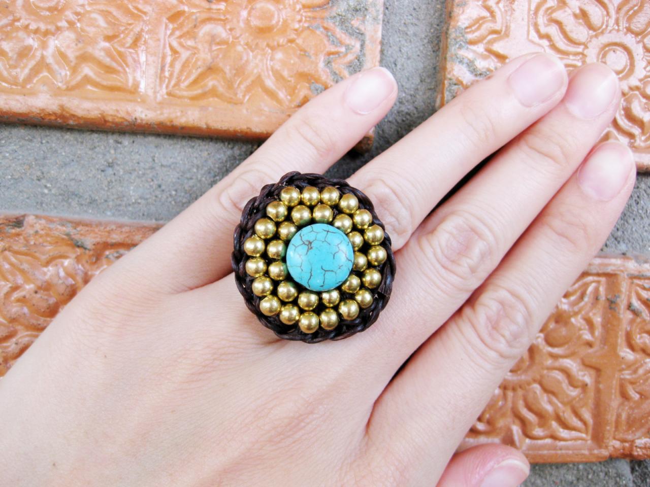 Circle Turquoise And Brass Beads - Adjustable Ring, Jewelry Thailand Handmade. (jr1017)