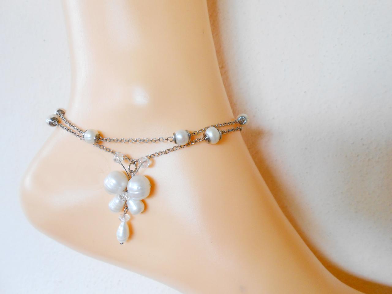 White Freshwater Pearl Chain Anklet With Dangle Butterfly Pendent Handmade (ja1018-wh)